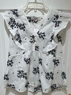 NWT LOFT White Ruffle V-Neck Top with Black Floral Embroidery